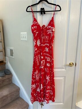 Red Printed Midi Summer Dress with Spaghetti Straps